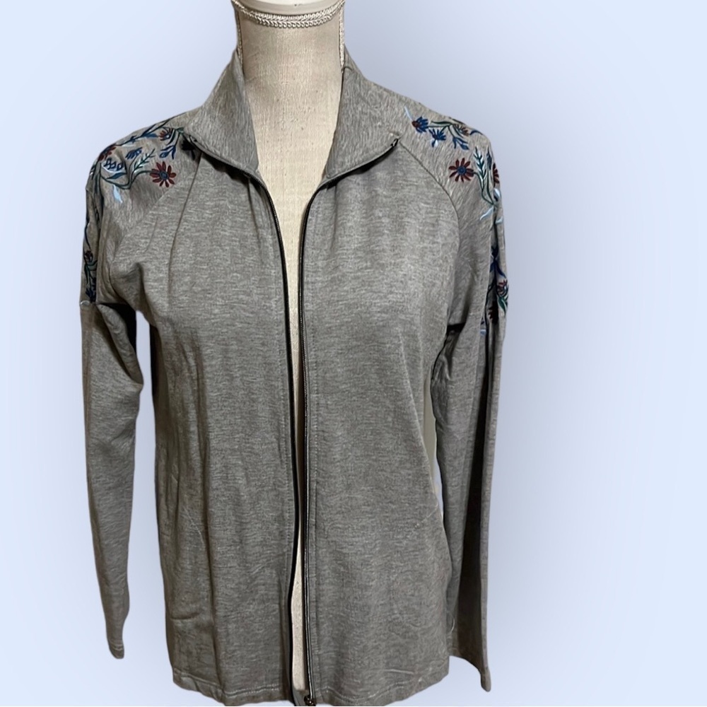 Gray fleece cardigan with embroidery , sz small